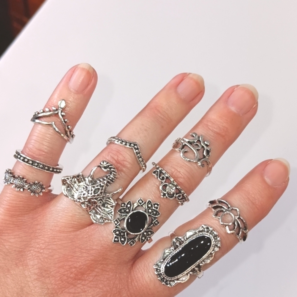 10pc Gothic Ring Set Silver Tone Black Stones Bohemian Victorian Dark Academia
